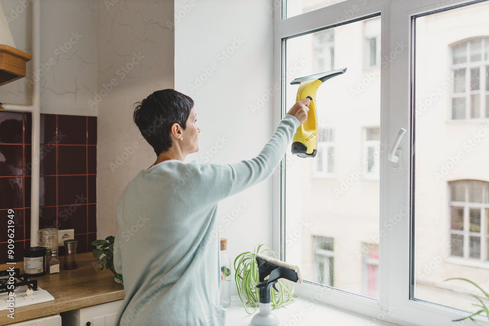 Back view of woman washing window in kitchen using electric cleaner with special organic detergent, wiping glass doing spring cleaning to keep home tidy and clean. Household chores
