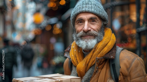 Elderly Man Smiling While Holding Package in Busy City Street During Evening