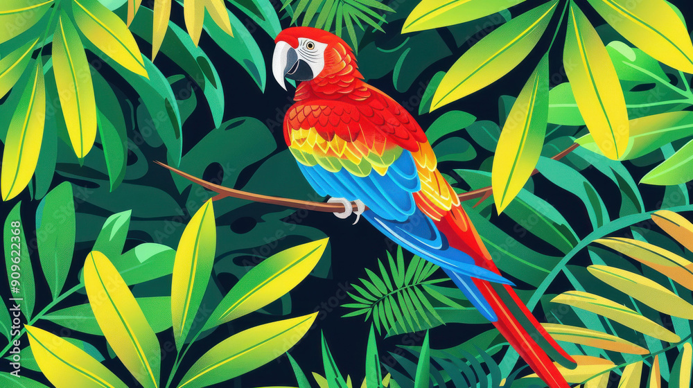 Obraz premium Colorful parrot perched on a branch, showcasing vibrant feathers in this stunning illustration that captures its beauty.