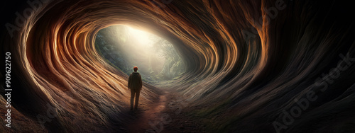 Fantasy Banner: A Person in a Majestic Forest with Towering Trees, Mystical Tunnels, and Mythical Creatures photo