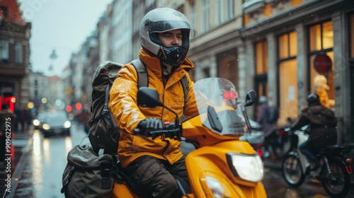 Delivery Rider Navigating Rainy City Streets on Bright Yellow Scooter in Fall