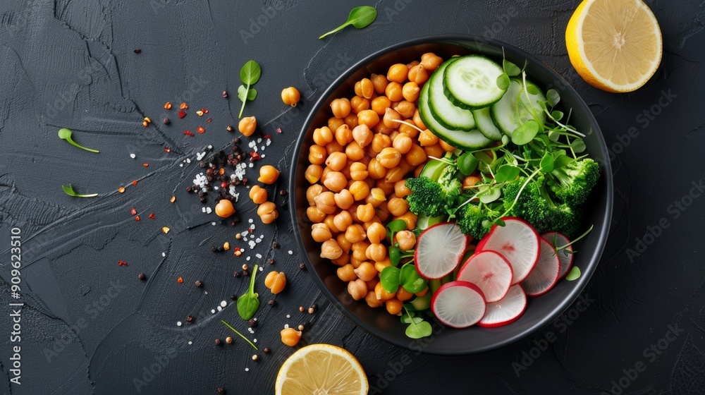 A creative top-view shot of a chickpea bowl brimming with colorful veggies, emphasizing a fiber-rich and nutritious meal that's both vibrant and satisfying. A creative top-view shot of a chickpea bowl brimming with colorful veggies, emphasizing a fiber-rich and nutritious meal that's both vibrant and satisfying.