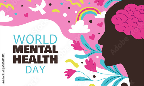 Vector poster dedicated to Mental Health Day. The man on a background of flowers