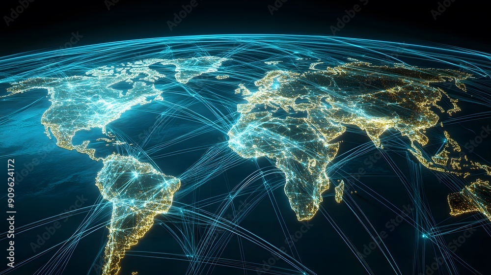 Visual of global air travel networks with a digital world map, highlighting major flight paths and airports with luminous connections Visual of global air travel networks with a digital world map, highlighting major flight paths and airports with luminous connections