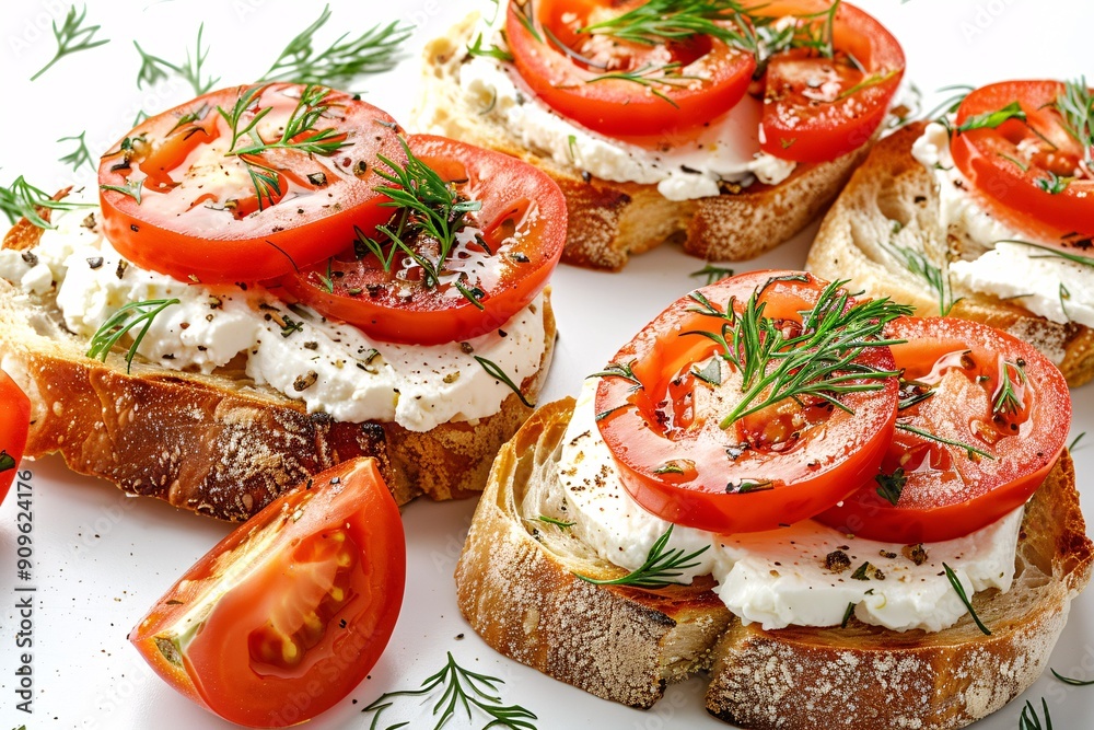 Tasty cheese spread on toasted bread topped with tomato slices and dill, viewed from above against a white background. Tasty cheese spread on toasted bread topped with tomato slices and dill, viewed from above against a white background.