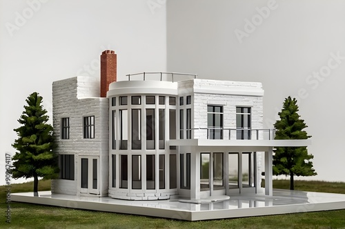 Simple modern white house model, isolated on a transparent background.