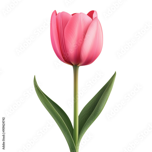 A delicate pink tulip with elegant petals and green leaves, showcasing its beauty and simplicity in nature