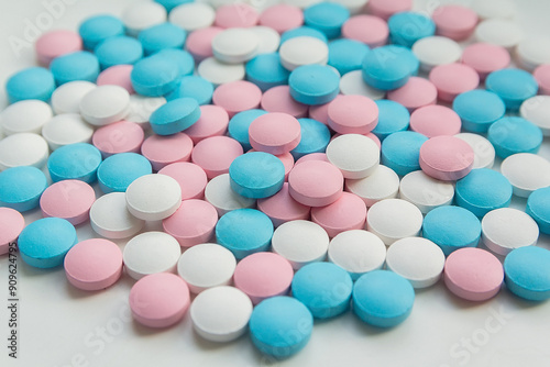 White, blue and pink tablets scattering on the table