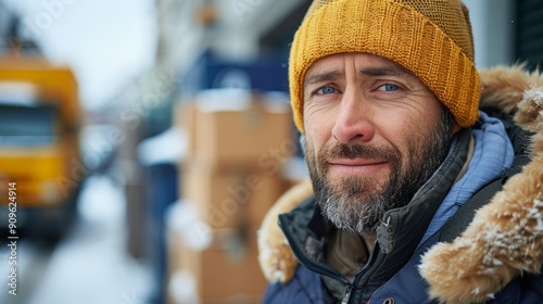 Man With Beard and Yellow Knit Hat Smiling in Snowy Urban Setting During Winter Afternoon