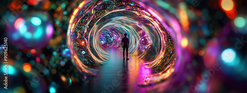 Surreal Labyrinth Scene: Individual Surrounded by Bioluminescent Creatures in Interconnected Tunnels photo