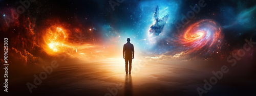 Individual in Galactic Void Facing Stargates That Lead to Different Cosmic Realms photo