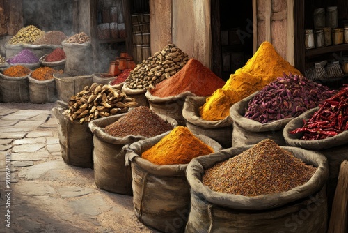 A rustic spice market, with mounds of various spices like turmeric, cinnamon, and chili, displayed in large sacks photo