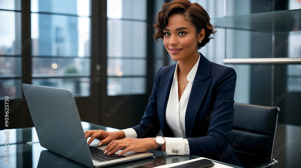 A confident and determined young woman sitting in a modern office environment, A confident and determined young woman sitting in a modern office environment,