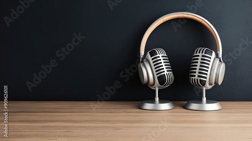 Podcasting and radio concept with retro microphone and headphones on empty wooden table and dark blank wall background with place for your logo or text 3D rendering mock up