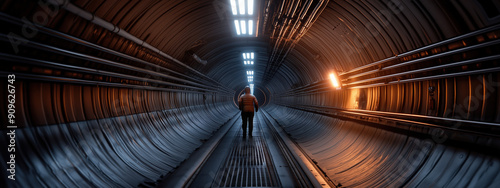 Person Exploring Tunnels in a Subterranean Alien Research Facility with Futuristic Technology photo