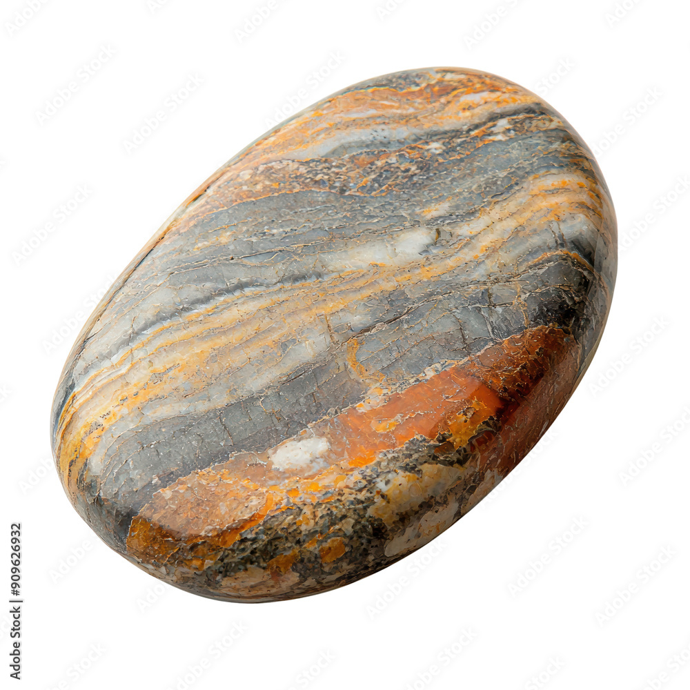 A smooth, oval-shaped stone featuring a blend of gray, orange, and white hues, showcasing unique natural patterns and textures A smooth, oval-shaped stone featuring a blend of gray, orange, and white hues, showcasing unique natural patterns and textures