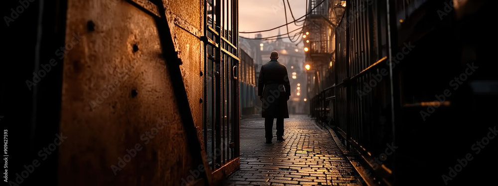 Steampunk Urban Decay: Individual at a Rusted Iron Door Overlooking a Weathered City Steampunk Urban Decay: Individual at a Rusted Iron Door Overlooking a Weathered City