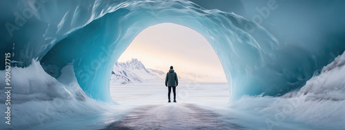 Isolated Figure Gazing at a Shimmering Ice-Blue Door Opening to a Chilling Arctic Wonderland photo