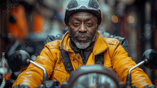 Experienced Motorcycle Rider in Yellow Jacket Navigating Rainy Urban Streets During Early Evening