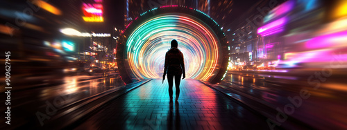 Person Standing at the Entrance of a Neon-Lit Tunnel Leading to a Vibrant Cyberpunk Metropolis photo