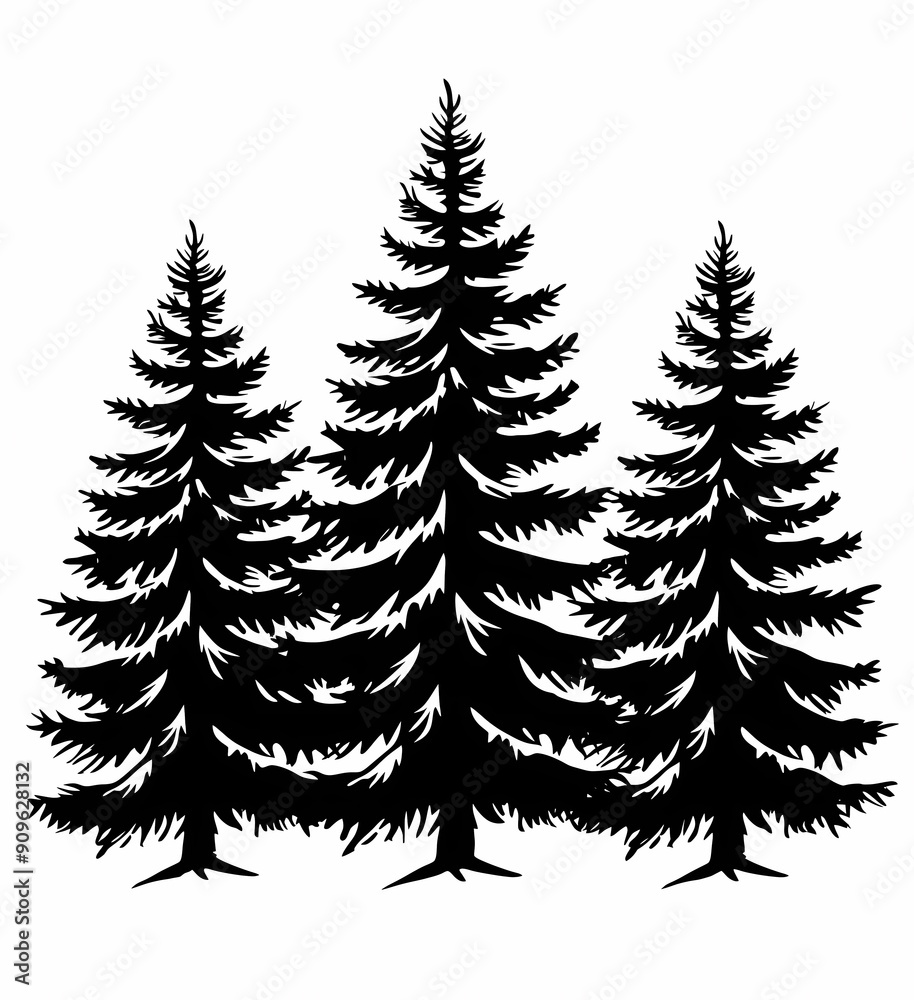 Silhouette of three tall pine trees against a white background.
