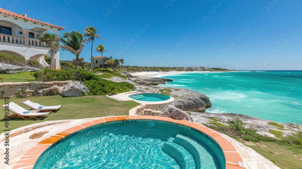 Naklejka premium Tropical beachfront luxury resort with pool and ocean view, perfect for a relaxing vacation escape.