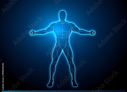 Futuristic glowing human figure in an anatomical pose against a dark blue background.