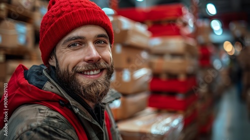 Smiling Warehouse Worker in Red Beanie Surrounded by Stacked Boxes During Daytime Shift