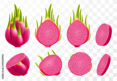 Set of Dragon fruits. Whole, half and slices of Pitaya, ripe pitahaya with red flesh and black seeds. Exotic fruits isolated on transparent background. Tropical food. Realistic 3d vector illustration