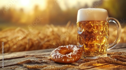 Beer mug and a pretzel on a rustic wooden table, with golden wheat and sunset lighting creating a warm, inviting scene. Captures the essence of Oktoberfest. photo