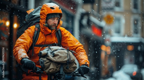 Cyclist Braving Snowy Urban Streets While Delivering Packages on a Winter Morning