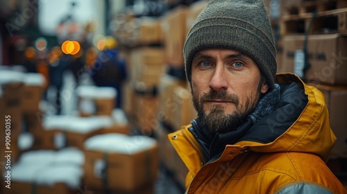 A Man in a Warm Jacket Surrounded by Cardboard Boxes in an Urban Warehouse Setting