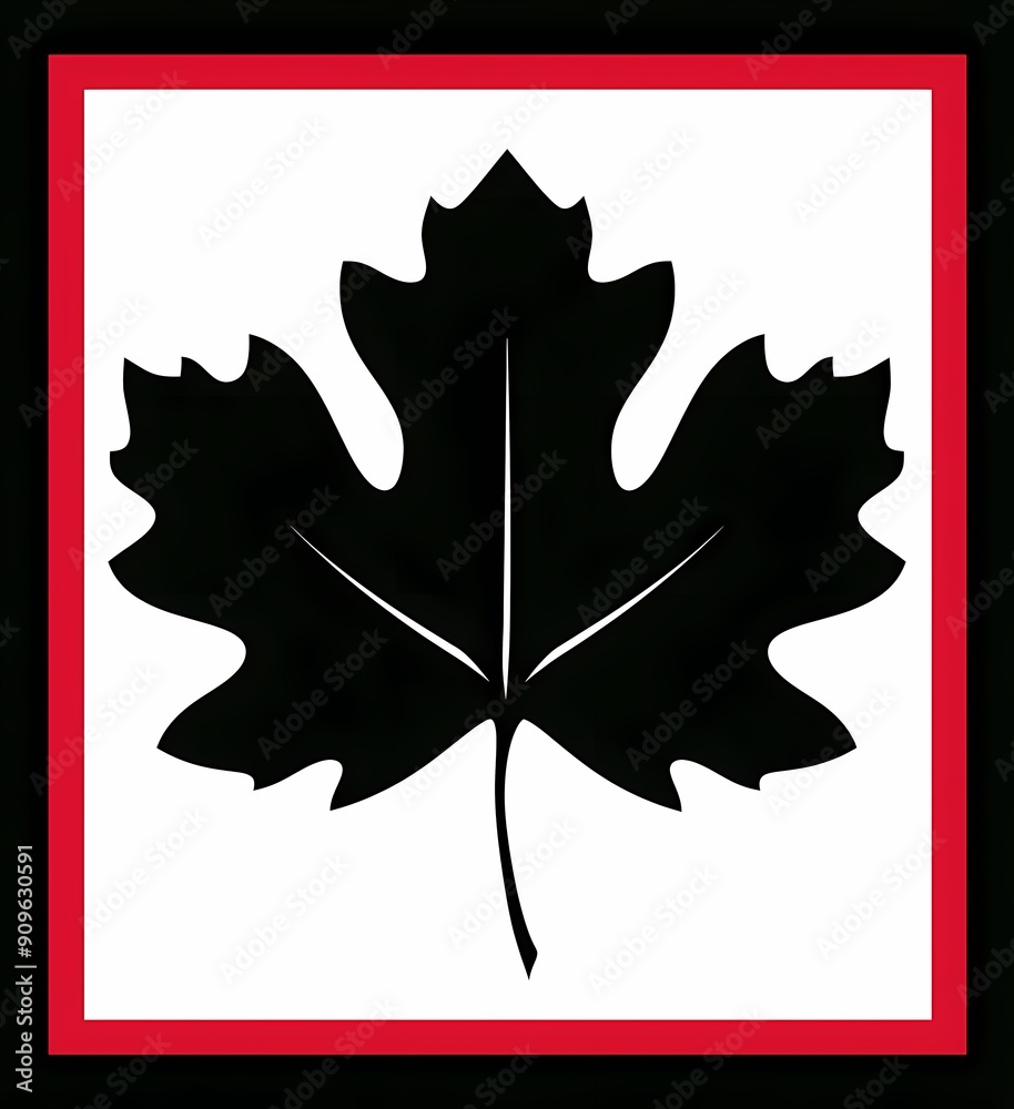 Naklejka premium Stylized black maple leaf silhouette with a bold red and white frame.