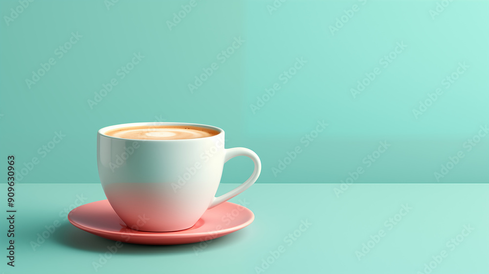 3D Render Illustration of a Minimalist Coffee Cup with Simple Design on Pastel Teal Background, Concept of Relaxation and Coffee Culture. Generative AI 3D Render Illustration of a Minimalist Coffee Cup with Simple Design on Pastel Teal Background, Concept of Relaxation and Coffee Culture. Generative AI