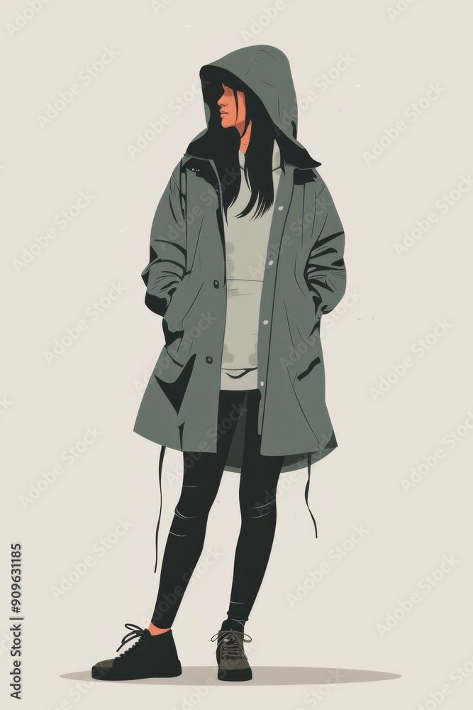 Minimalism illustration, a South Asian woman, wearing a hooded parka with leggings and ankle boots, standing with her hands in her pockets, streetwear fashion, flat illustration Minimalism illustration, a South Asian woman, wearing a hooded parka with leggings and ankle boots, standing with her hands in her pockets, streetwear fashion, flat illustration