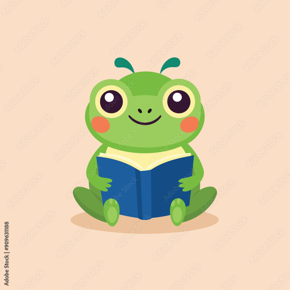 cute frog reading book isolated back to school