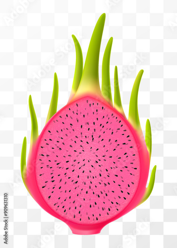 Fresh red dragon fruit, isolated on transparent background. Half of Pitaya, cut pitahaya with red flesh and black seeds. Exotic dragon fruit cross section. Tropical vitamin food. Realistic 3d vector.