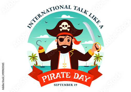 International Talk Like a Pirate Day Vector Illustration with Cute Pirate Cartoon Characters and Decorative Elements in Flat Style Cartoon Background