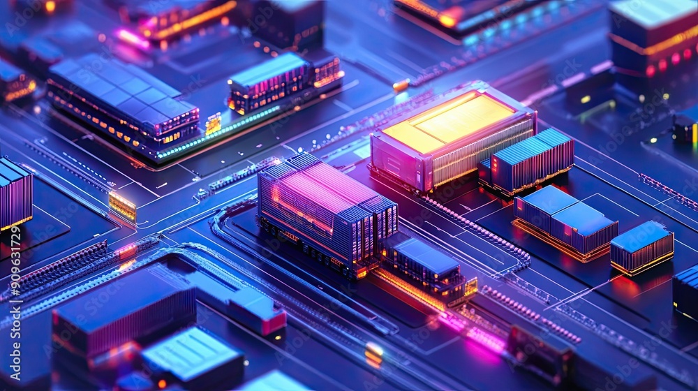 Futuristic Cityscape with Illuminated Buildings and Transport Futuristic Cityscape with Illuminated Buildings and Transport