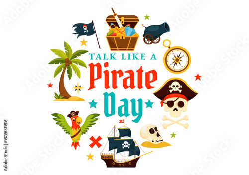 International Talk Like a Pirate Day Vector Illustration with Cute Pirate Cartoon Characters and Decorative Elements in Flat Style Cartoon Background