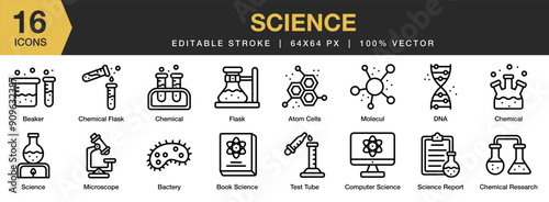 Science icon set. Editable Stroke Icon Collection. Includes atom cells, bactery, chemical, flask, molecule, test tube, and More. Outline icons vector collection.