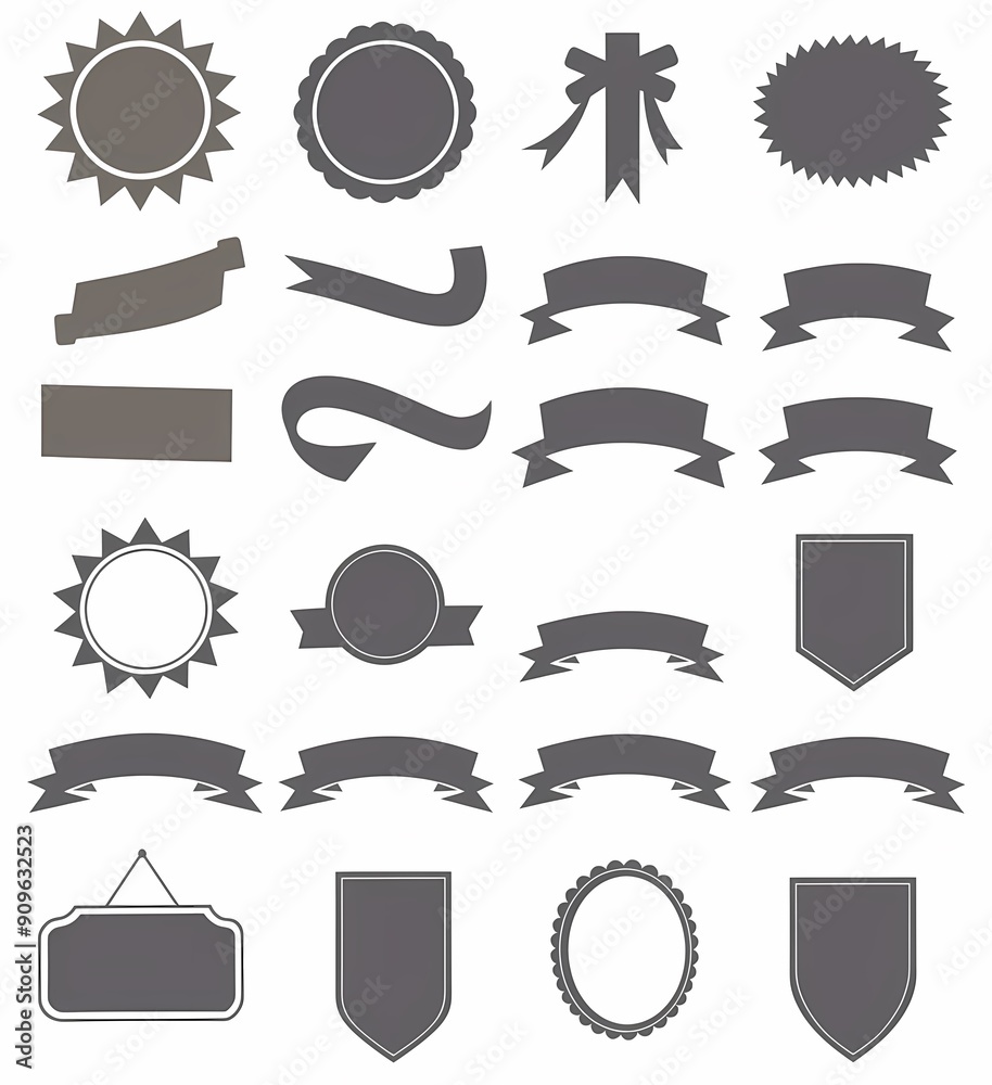 Variety of monochrome badge and ribbon designs for versatile graphic use. Variety of monochrome badge and ribbon designs for versatile graphic use.