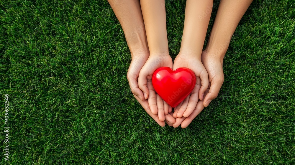 Family hands holding red heart on green grass background, take care, kindness, heart health insurance concept. Family hands holding red heart on green grass background, take care, kindness, heart health insurance concept.