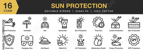 Sun Protection icon set. Editable Stroke Icon Collection. Includes cream, hat beach, shield UV, sunscreen, umbrella, mousturizer, and More. Outline icons vector collection.
