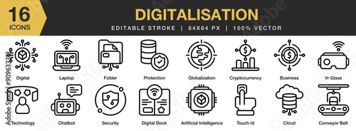 Digitalisation icon set. Editable Stroke Icon Collection. Includes Business, chat bot, digital book, laptop, security, vr glasess and More. Outline icons vector collection.