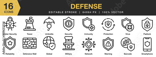 Defense icon set. Editable Stroke Icon Collection. Includes barcode, global, network, padlock, protection, tower, warning, and More. Outline icons vector collection.