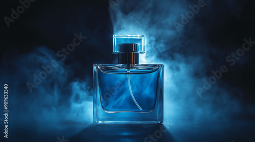 A bottle of perfume emitting a fine mist against a dark backdrop.