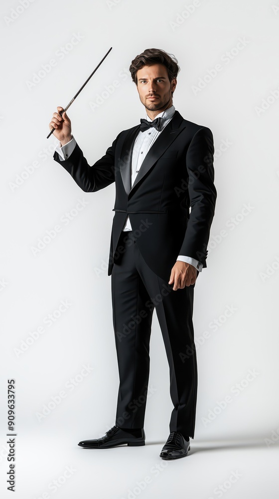 Orchestra Conductor Holding Baton: A man in a tuxedo holding a conductor's baton Orchestra Conductor Holding Baton: A man in a tuxedo holding a conductor's baton