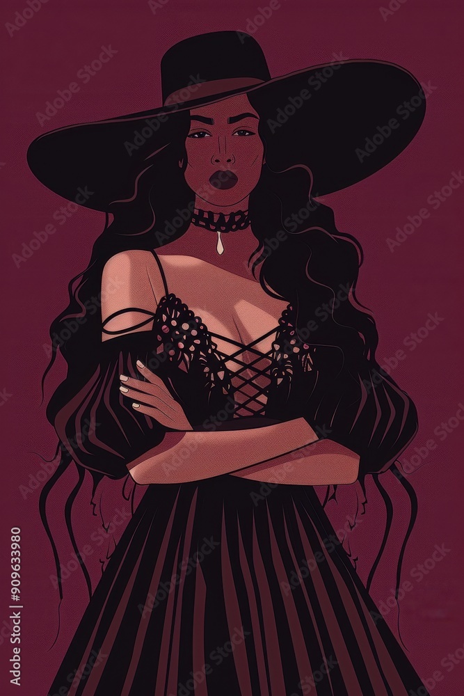 Minimalism illustration, a Latina woman, wearing a lace-up bodice with a pleated skirt and a wide-brimmed hat, with her arms crossed, gothic woman, fashion, flat illustration Minimalism illustration, a Latina woman, wearing a lace-up bodice with a pleated skirt and a wide-brimmed hat, with her arms crossed, gothic woman, fashion, flat illustration