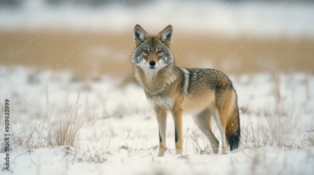 Obraz premium A coyote stands elegantly in a snowy field surrounded by winter grasses, showcasing its winter coat